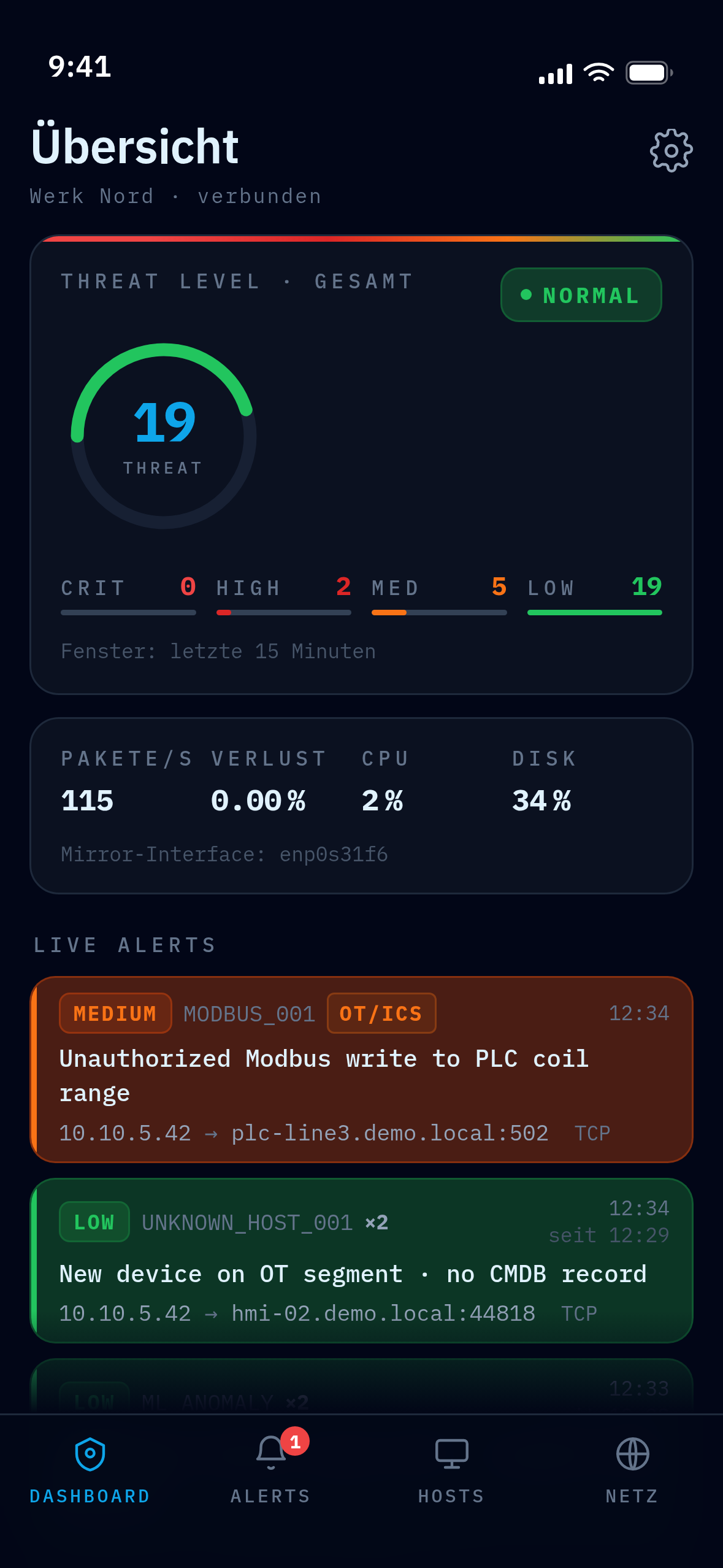 CYJAN Sentry on iPhone — Threat-Level-Anzeige, Sniffer-Kennzahlen und der Live-Alarm-Feed